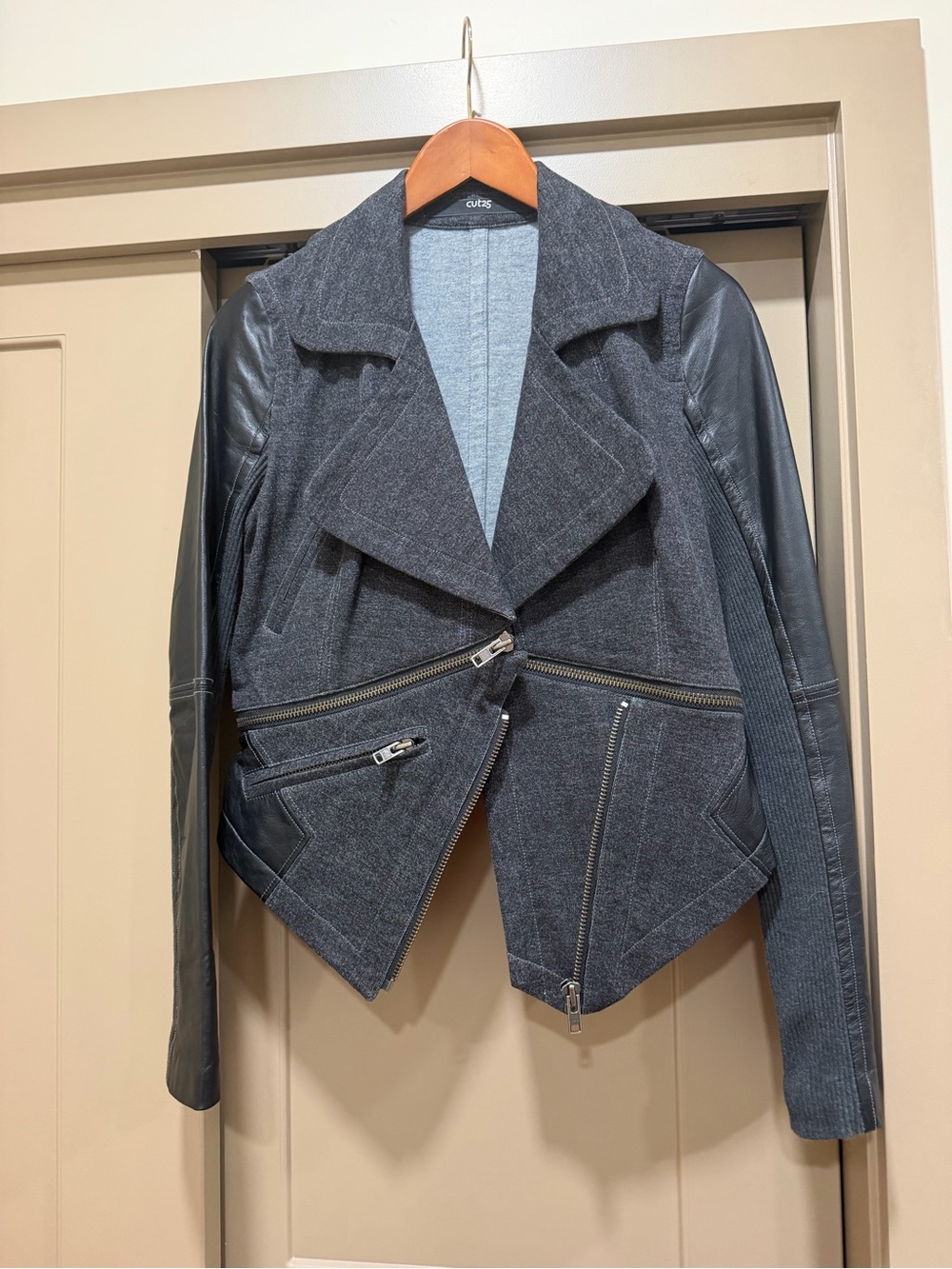 Cut25 by Yigal Azrouel Charcoal Moto Jacket with Black Leather Sleeves